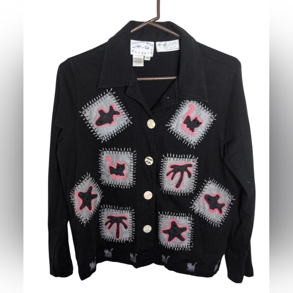 Cottagecore Grammacore Womens Shirt Jacket Black S  Lonnee g Star L Y2K Vtg Cats